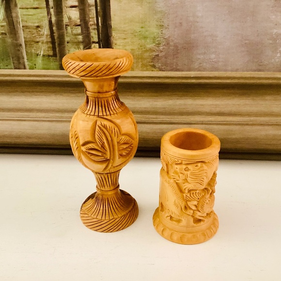 Handcrafted Carved Wooden Vase Pencil Holder Gift Set Of 2 Office Décor Vintage - Picture 1 of 15